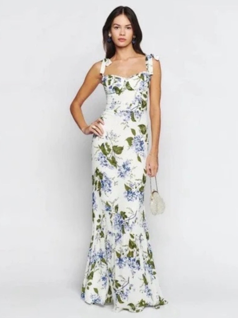 Reformation Floral Tie-Shoulder Maxi Dress in White and Blue Hydrangeas